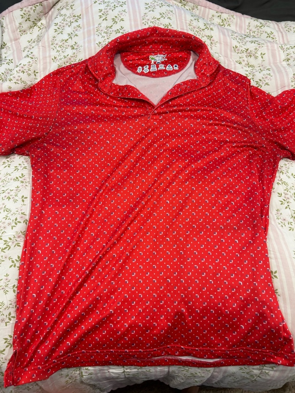 Men's Red Short-Sleeve Polo with Micro Print